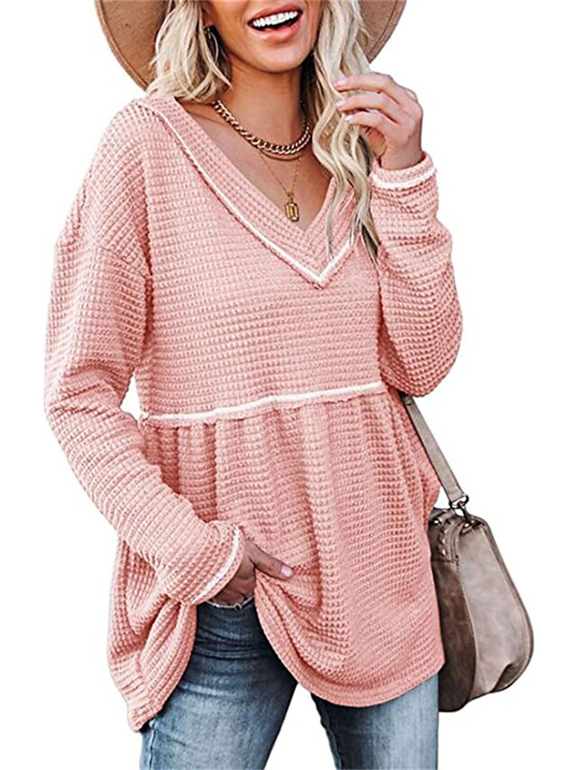 Womens Clothing Sweaters & Cardigans | Womens Pullover Sweater Jumper waffle Knit Tunic Pleated Knitted Solid Color V Neck Styli