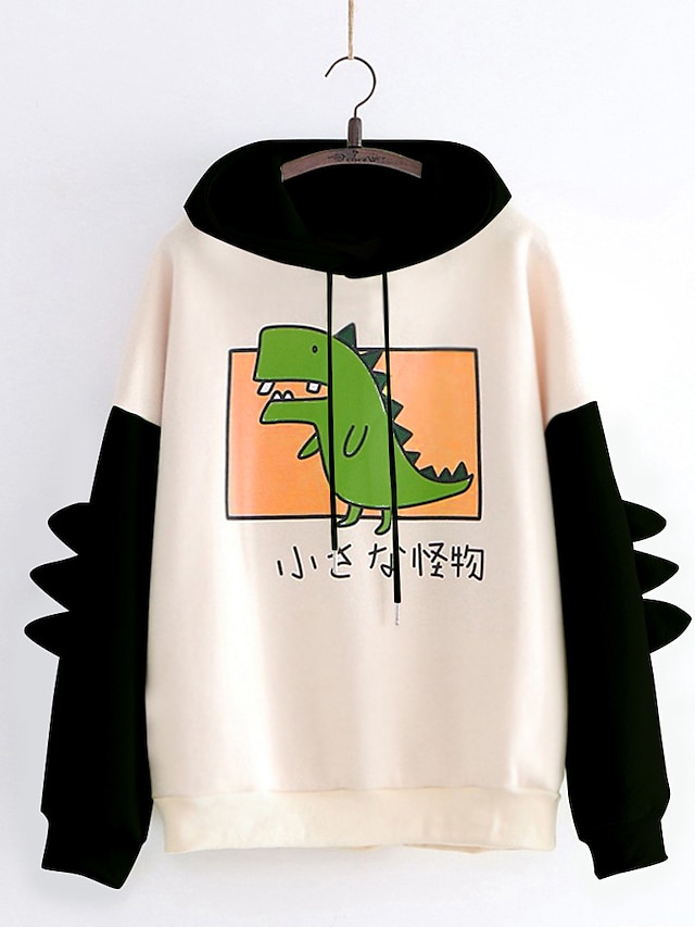  women's teen girls cute dinosaur long sleeve hoodies casual loose sweaters hooded sweatshirts pullover tops shirts green