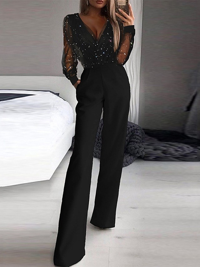  dames jumpsuit mesh pailletten effen kleur v-hals elegant feest prom regular fit lange mouw zwart sml lente