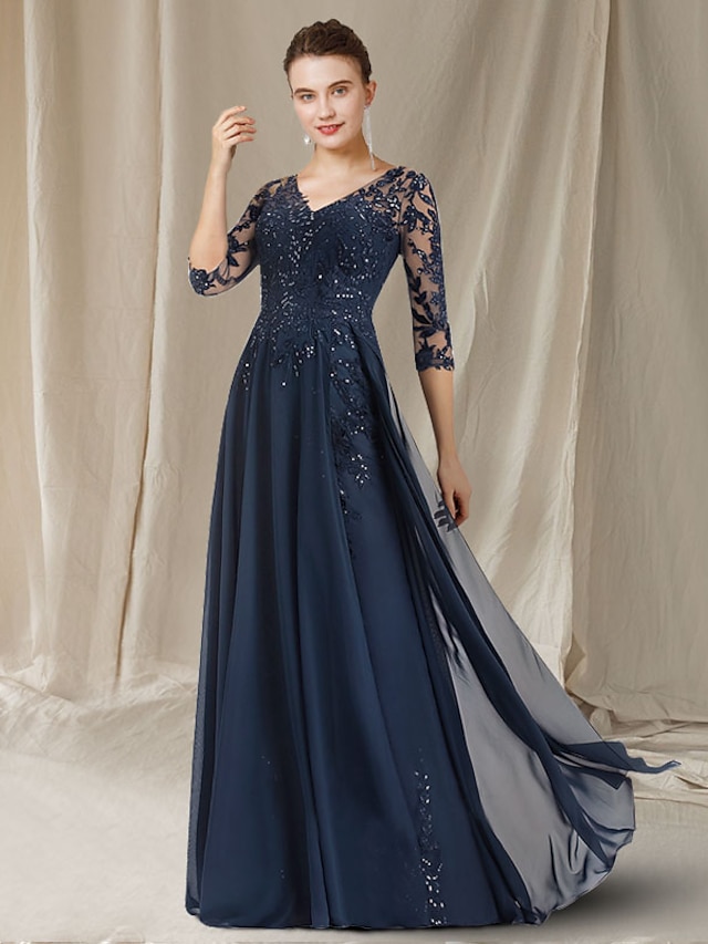 A-Line Mother of the Bride Dress Elegant V Neck Floor Length Chiffon ...