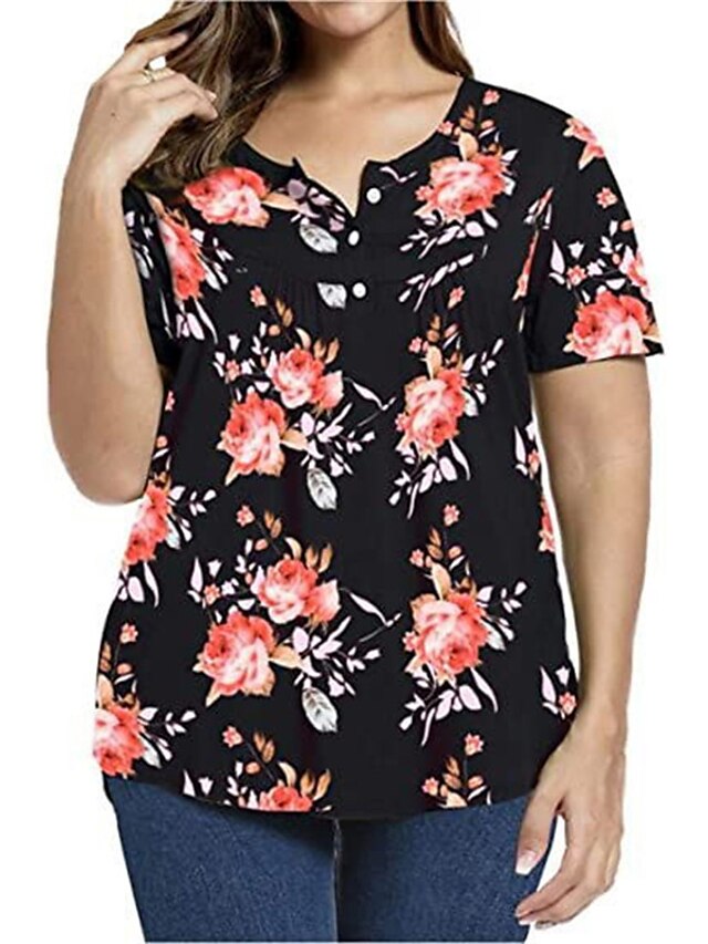 Womens Clothing Plus Size Collection | Womens Plus Size Tops T shirt Floral Print Short Sleeve Crewneck Streetwear Daily Going o