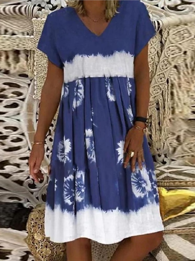  Women's A Line Dress Knee Length Dress Blue Short Sleeve Print Color Block Ruched Patchwork Fall Summer V Neck Casual Classic 2022 S M L XL XXL 3XL 4XL 5XL
