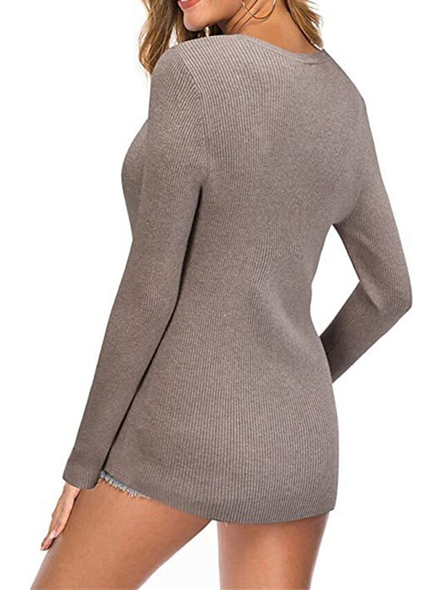 Womens Clothing Sweaters & Cardigans | Womens Pullover Sweater Jumper Knit Knitted Button Pure Color V Neck Stylish Casual Home 