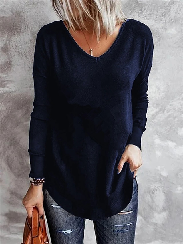 Womens Clothing Womens Tops | Womens Home Casual Daily T shirt Tee Plain Long Sleeve V Neck Basic Tops Green Black Blue S - RQ12