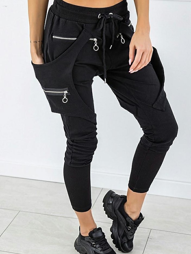 Women's Fashion Novelty Chinos Pocket Elastic Drawstring Design Ankle-Length Pants Casual Weekend Micro-elastic Plain Cotton Blend Comfort Mid Waist Black S M L XL