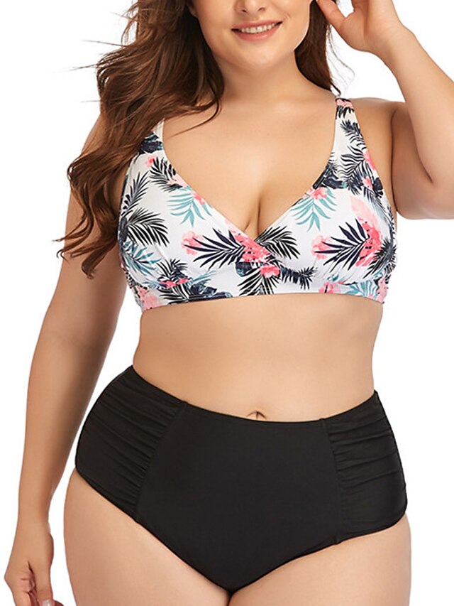 Womens Clothing Womens Swimwear | Womens Swimwear Bikini 2 Piece Plus Size Swimsuit Open Back Printing for Big Busts Leaves Whit