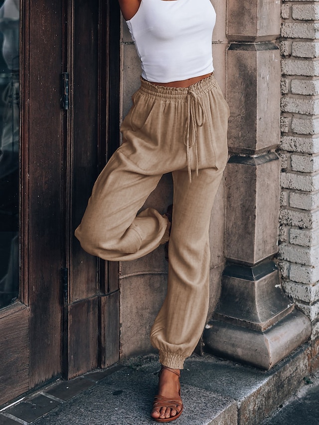  Women's Casual Tapered pants Slacks Drawstring Front Pocket Full Length Pants Casual Inelastic Solid Color Faux Linen Breathable Soft High Waist ArmyGreen Black Blue Wine Khaki S M L XL XXL