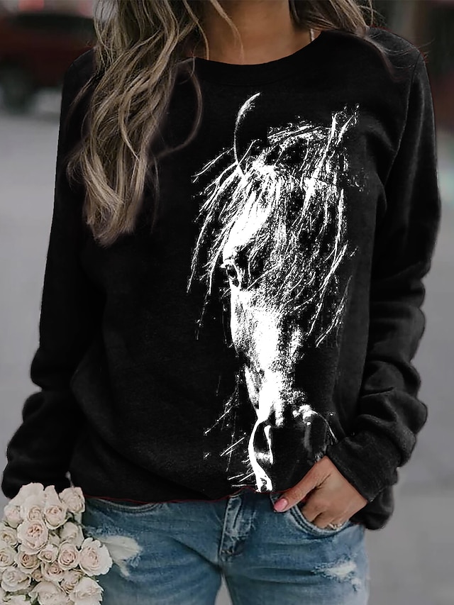  Women's Horse Sweatshirt Pullover Print 3D Print Daily Sports Active Streetwear Hoodies Sweatshirts  Black