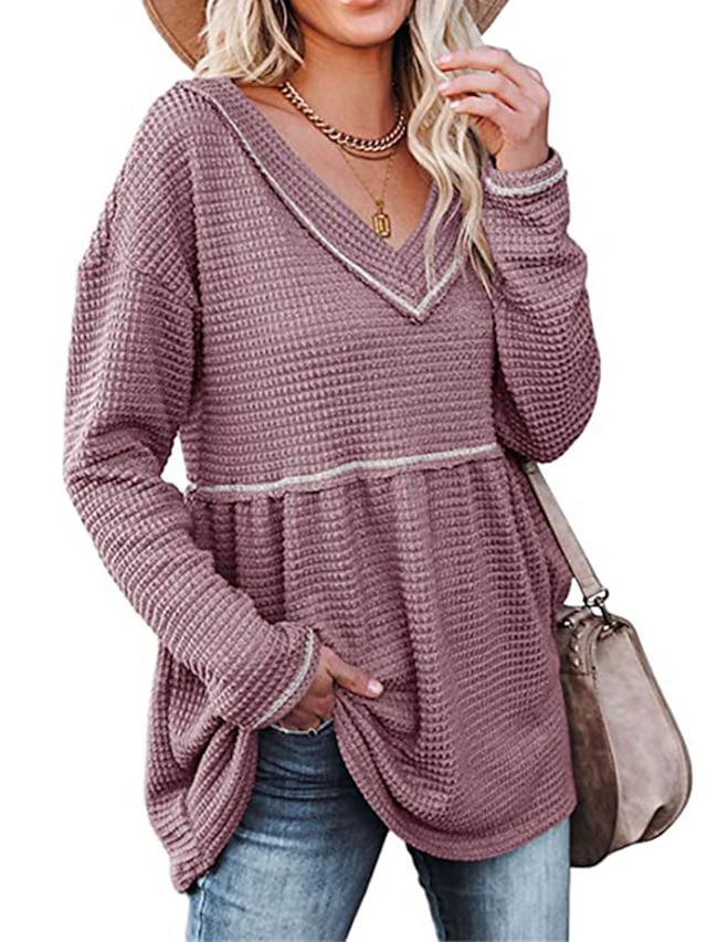 Womens Clothing Sweaters & Cardigans | Womens Pullover Sweater Jumper waffle Knit Tunic Pleated Knitted Solid Color V Neck Styli