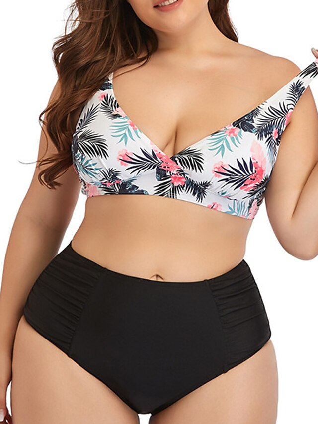 Womens Clothing Womens Swimwear | Womens Swimwear Bikini 2 Piece Plus Size Swimsuit Open Back Printing for Big Busts Leaves Whit