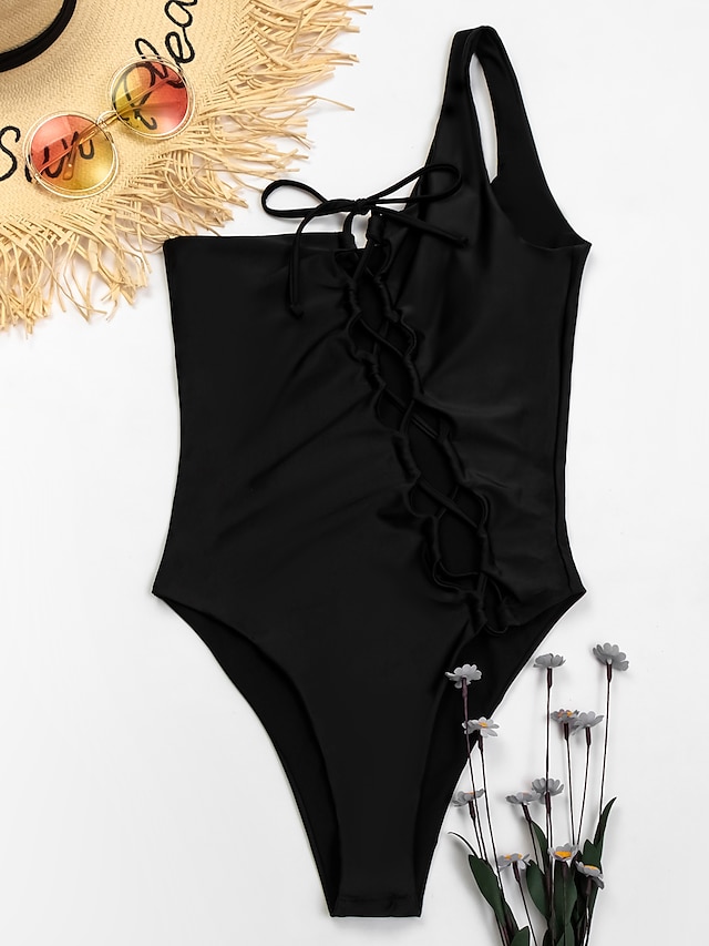 Womens Clothing Womens Swimwear | Womens Swimwear One Piece Monokini Bathing Suits trikini Normal Swimsuit Slim Solid Color Blac