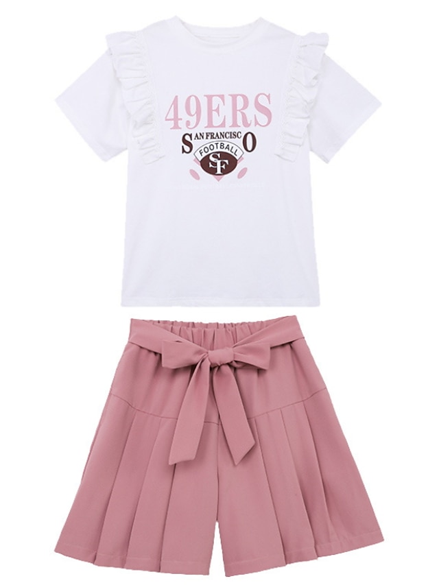 Baby & Kids Girls Clothing | Kids Girls T-shirt & Shorts Shorts Set T-shirt Set 2 Pieces Short Sleeve Long Sleeve White Letter R