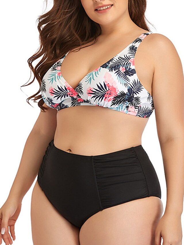 Womens Clothing Womens Swimwear | Womens Swimwear Bikini 2 Piece Plus Size Swimsuit Open Back Printing for Big Busts Leaves Whit