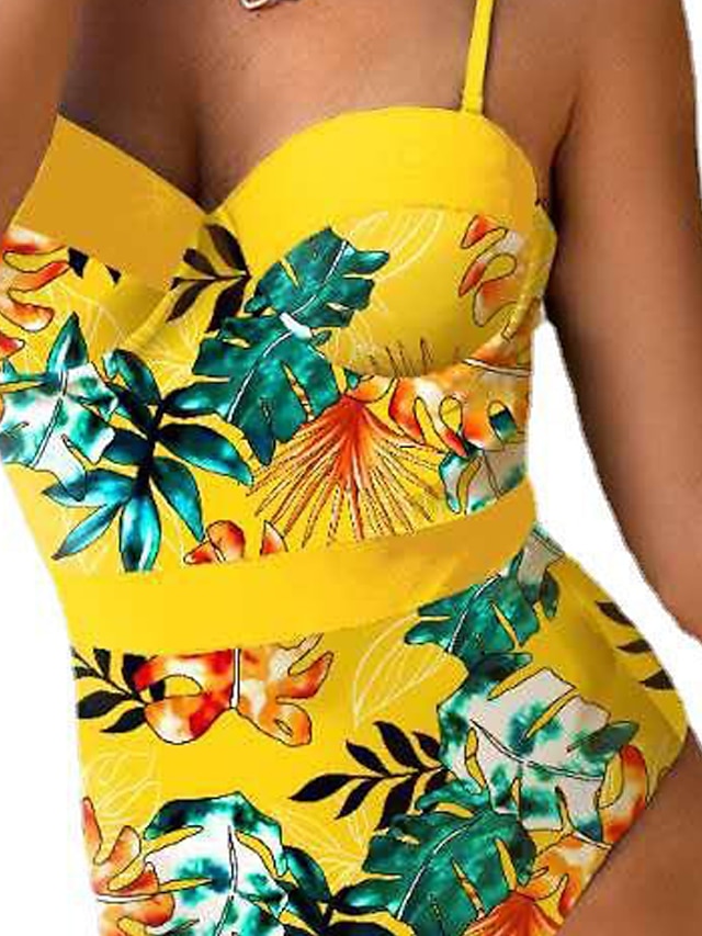 Womens Clothing Womens Swimwear | Womens Swimwear One Piece Monokini Normal Swimsuit Tummy Control Open Back Leaves Black Yellow