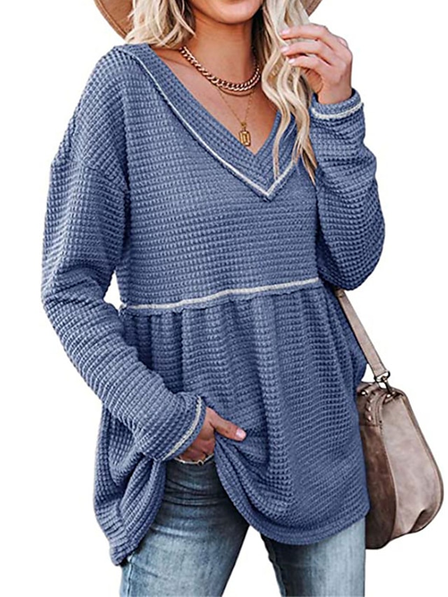 Womens Clothing Sweaters & Cardigans | Womens Pullover Sweater Jumper waffle Knit Tunic Pleated Knitted Solid Color V Neck Styli