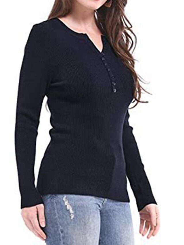 Womens Clothing Sweaters & Cardigans | Womens Pullover Sweater Jumper Knit Knitted Button Pure Color V Neck Stylish Casual Home 