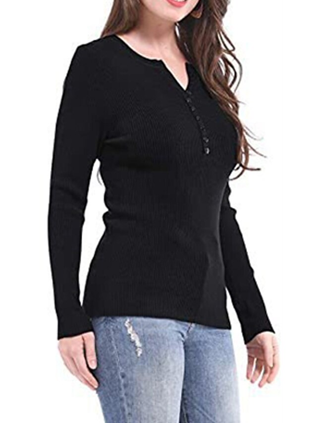 Womens Clothing Sweaters & Cardigans | Womens Pullover Sweater Jumper Knit Knitted Button Pure Color V Neck Stylish Casual Home 