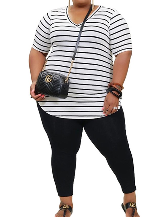 Womens Clothing Plus Size Collection | Womens Plus Size Tops Set Striped Print Short Sleeve V Neck Streetwear Daily Going out Po