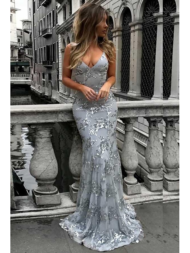  Mermaid / Trumpet Prom Dresses Sparkle & Shine Dress Formal Wedding Guest Sweep / Brush Train Sleeveless V Neck Lace with Sequin 2024