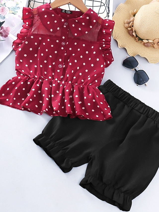 Baby & Kids Girls Clothing | Kids Girls T-shirt & Shorts Shorts Set Clothing Set 2 Pieces Sleeveless Red Polka Dot Ruched Ruffle