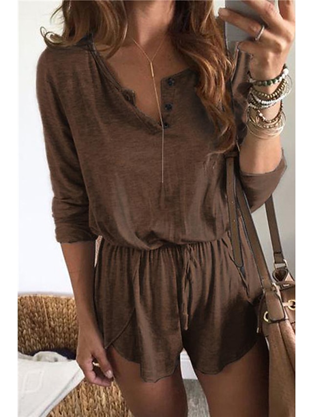 Womens Clothing Womens Jumpsuits & Rompers | Womens Romper Button Solid Color Crew Neck Active Street Casual Regular Fit Long Sl