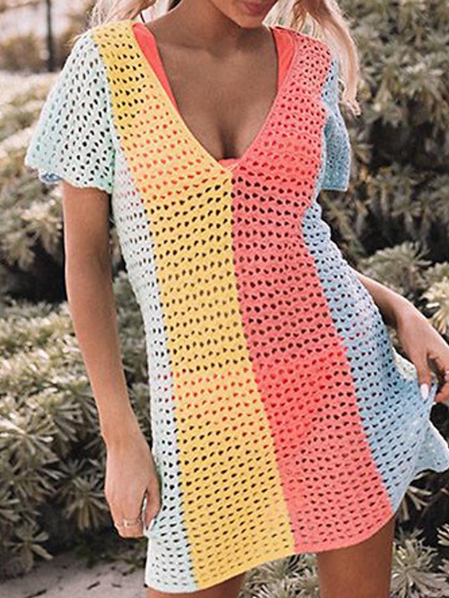 Womens Clothing Womens Swimwear | Womens Swimwear Cover Up Beach Dress Normal Swimsuit Hole Color Block Yellow Rosy Pink V Wire 