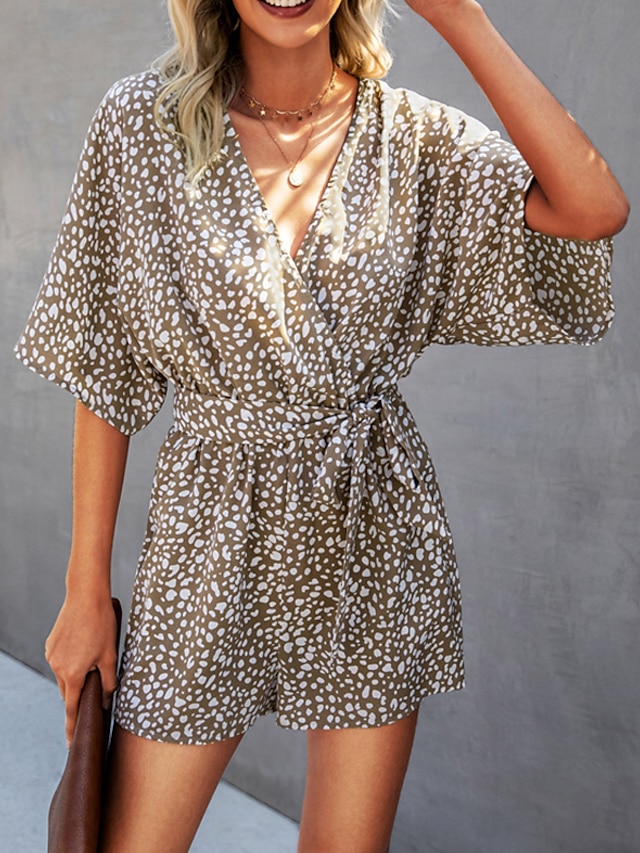 Womens Clothing Womens Jumpsuits & Rompers | Womens Romper Print Leopard V Neck Active Street Casual Regular Fit Half Sleeve Whi