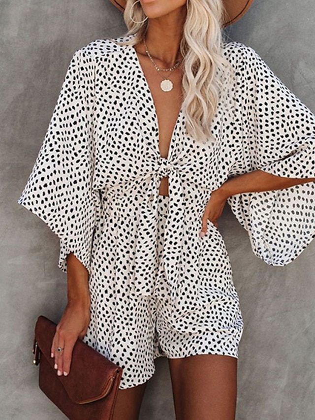 Womens Clothing Womens Jumpsuits & Rompers | Womens Romper Cut Out Belted Polka Dot V Neck Casual Daily Going out Baggy Shorts R