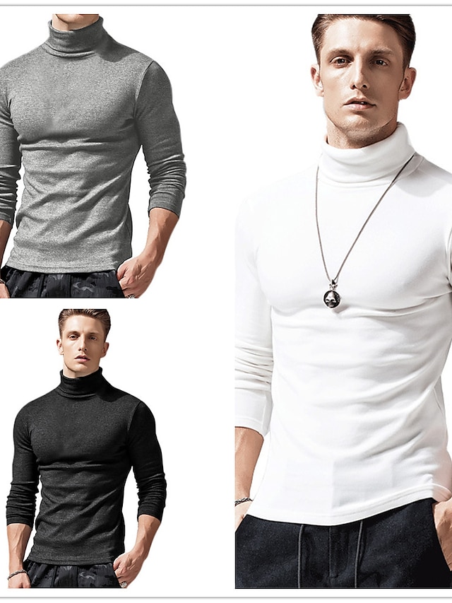  Men's T shirt Tee Turtleneck shirt Solid Color Rolled collar Normal Work Casual Long Sleeve Patchwork Clothing Apparel Fashion Simple Formal Essential