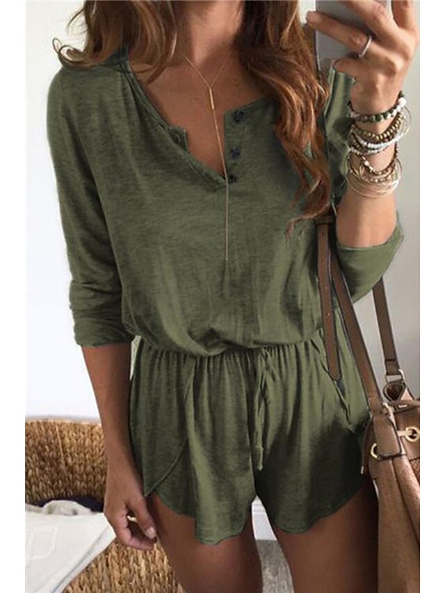 Womens Clothing Womens Jumpsuits & Rompers | Womens Romper Button Solid Color Crew Neck Active Street Casual Regular Fit Long Sl