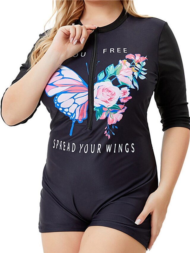 Womens Clothing Womens Swimwear | Womens Swimwear Rash Guard Diving Plus Size Swimsuit Printing for Big Busts Butterfly Letter B