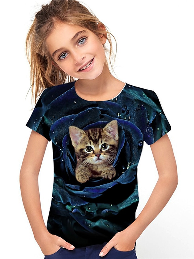  Tyttöjen 3D Eläin Kissa T-paita Lyhythihainen 3D-tulostus Kesä Kevät Aktiivinen Muoti söpö tyyli Polyesteri Lapset 3-12 vuotta ulko- Päivittäin Sisällä Normaali