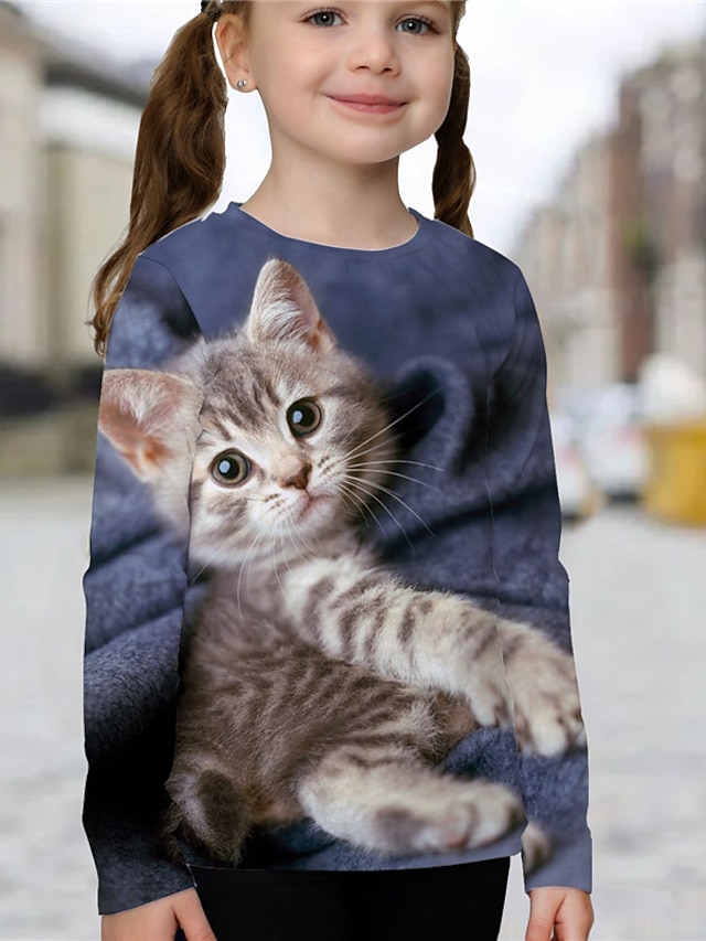  Kids Girls' T shirt Long Sleeve Blue 3D Print Cat Animal Daily Indoor Outdoor Active Fashion Daily Sports 3-12 Years