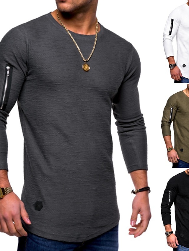  Men's T shirt Tee Solid Colored Plus Size Crew Neck Casual Daily Zipper Long Sleeve Regular Fit Tops Cotton Basic Muscle White Black Gray