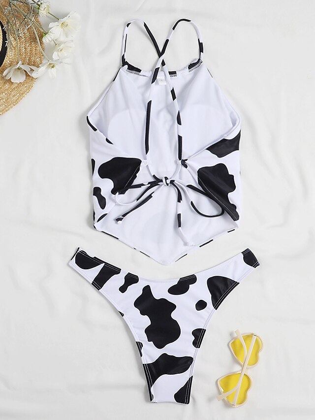 Womens Clothing Womens Swimwear | Womens Swimwear Bikini 2 Piece Normal Swimsuit 2 Piece Open Back Printing Hole Milk Cows White