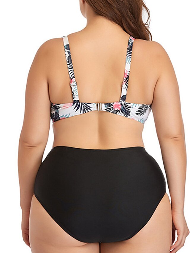 Womens Clothing Womens Swimwear | Womens Swimwear Bikini 2 Piece Plus Size Swimsuit Open Back Printing for Big Busts Leaves Whit