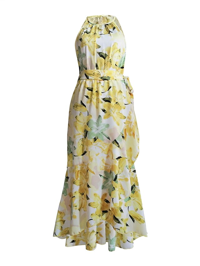 Womens Clothing Womens Dresses | Womens A Line Dress Midi Dress Blue Yellow Red Sleeveless Floral Print Spring Summer Halter Nec