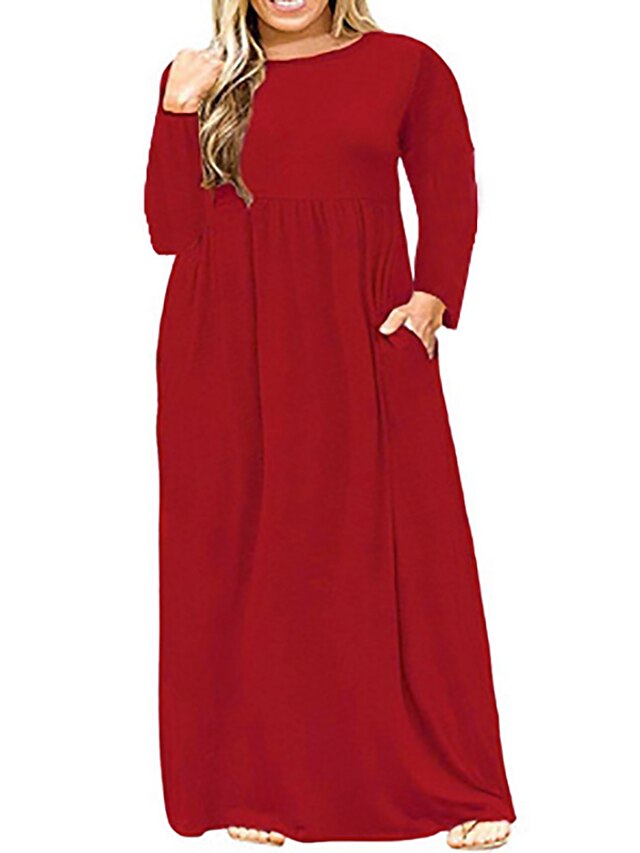 Womens Clothing Plus Size Collection | Womens Plus Size A Line Dress Solid Color Round Neck Ruched Long Sleeve Fall Casual Maxi 