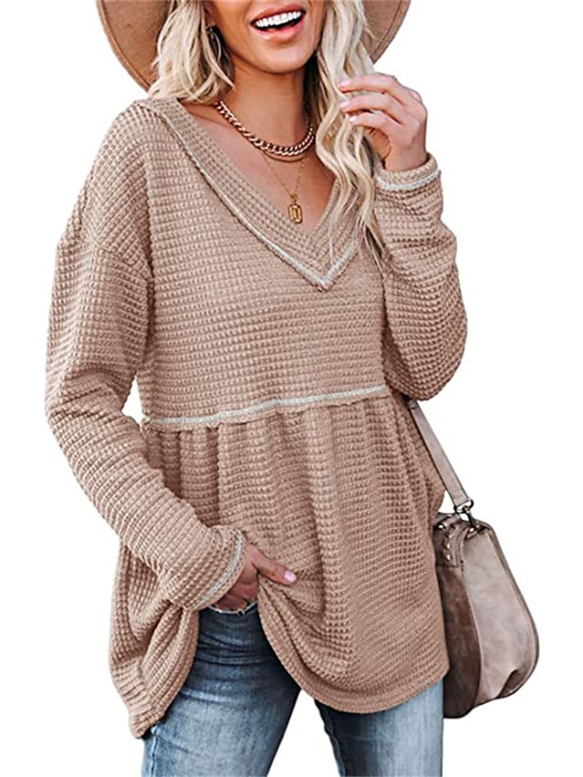 Womens Clothing Sweaters & Cardigans | Womens Pullover Sweater Jumper waffle Knit Tunic Pleated Knitted Solid Color V Neck Styli