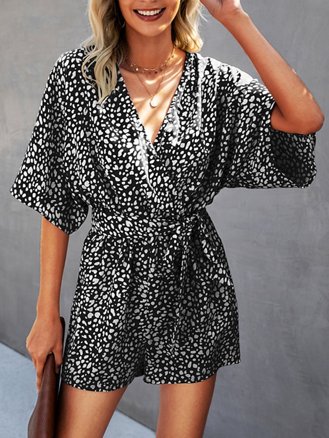 Womens Clothing Womens Jumpsuits & Rompers | Womens Romper Print Leopard V Neck Active Street Casual Regular Fit Half Sleeve Whi