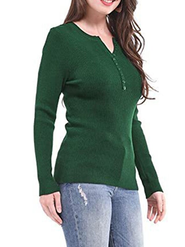 Womens Clothing Sweaters & Cardigans | Womens Pullover Sweater Jumper Knit Knitted Button Pure Color V Neck Stylish Casual Home 