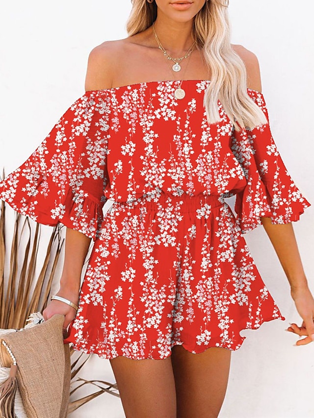 Womens Clothing Womens Jumpsuits & Rompers | Womens Romper Ruffle Print Floral Off Shoulder Active Street Daily Regular Fit Half