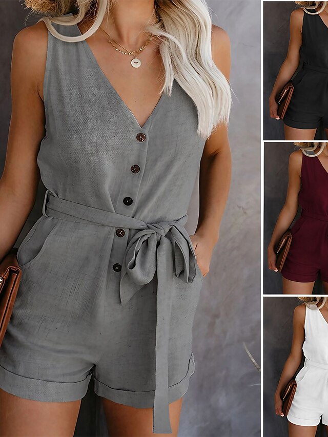  Women's V Neck Jumpsuits Casual Sleeveless Romper Button Up Front Tie Knot Solid Short Jumpsuit Rompers