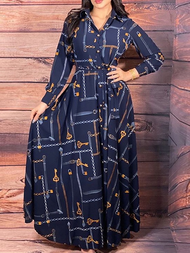 Womens Clothing Womens Dresses | Womens Shift Dress Maxi long Dress Blue White Khaki Long Sleeve Striped Print Lace up Button Pr