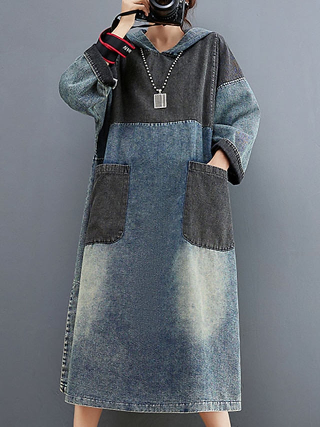  Women's Denim Dress Hoodie Dress Winter Dress Maxi long Dress Cotton Denim Stylish Elegant Daily Vacation Going out Hooded Patchwork Pocket Long Sleeve Summer Spring Fall 2023 Loose Fit Blue Color