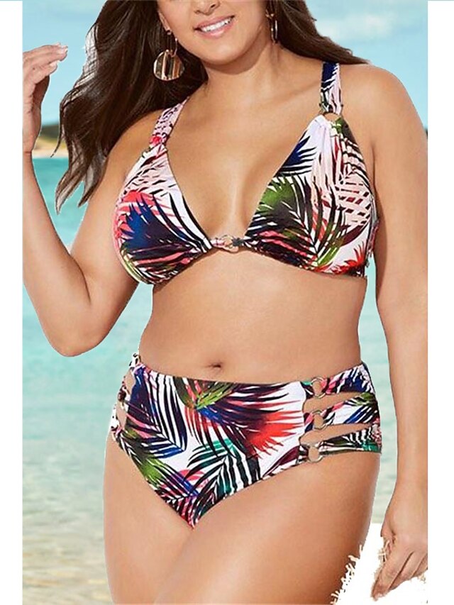 Womens Clothing Womens Swimwear | Womens Swimwear Bikini 2 Piece Plus Size Swimsuit Open Back for Big Busts Print Leaf Rainbow S