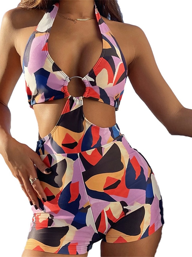 Womens Clothing Womens Jumpsuits & Rompers | Womens Romper Cut Out Print Solid Color Halter Neck Active Street Going out Regular