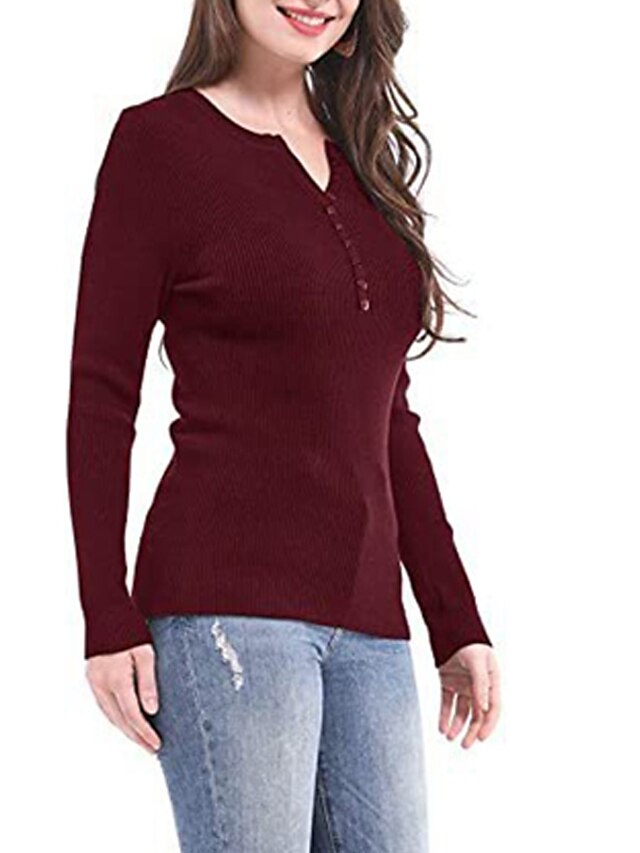 Womens Clothing Sweaters & Cardigans | Womens Pullover Sweater Jumper Knit Knitted Button Pure Color V Neck Stylish Casual Home 