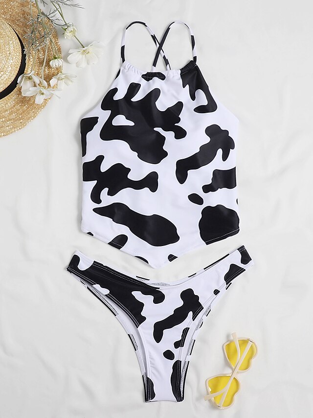 Womens Clothing Womens Swimwear | Womens Swimwear Bikini 2 Piece Normal Swimsuit 2 Piece Open Back Printing Hole Milk Cows White