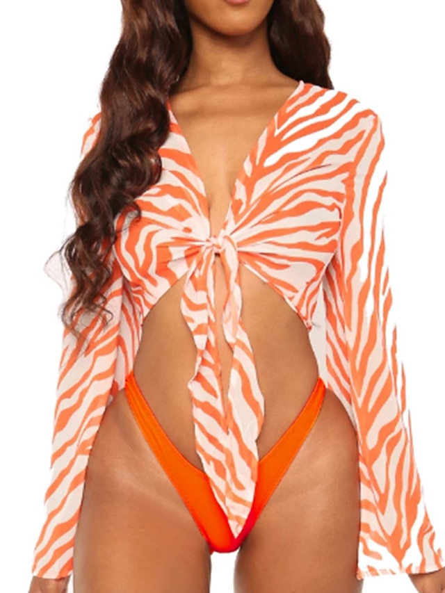 Womens Clothing Womens Swimwear | Womens Swimwear Bikini Three Piece Normal Swimsuit Mesh Striped Ombre Orange Red Brown Halter 